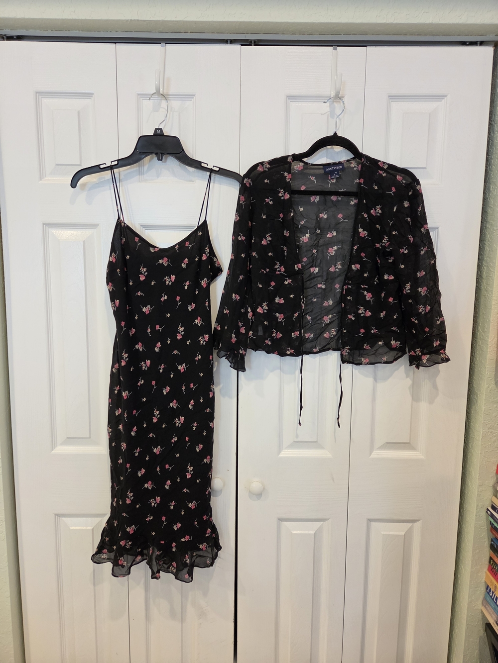 Vintage 90s Y2K Ann Taylor Black Silk Floral Slip Dress With Sheer Cover Up